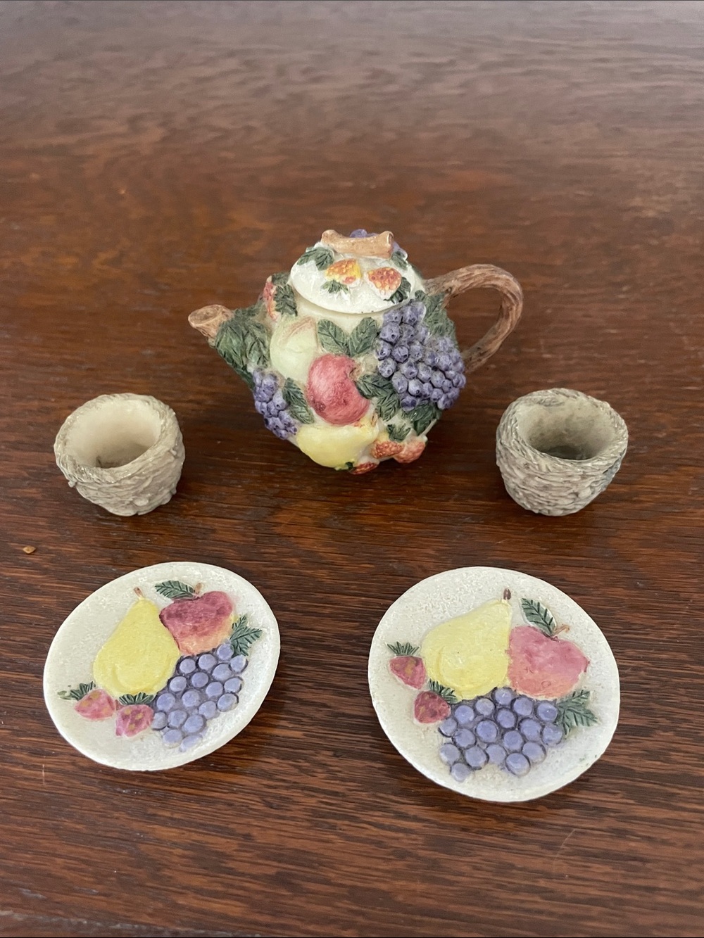 Miniature Fruit Teapot With Plates and Cups - Handpainted Fruit Motif